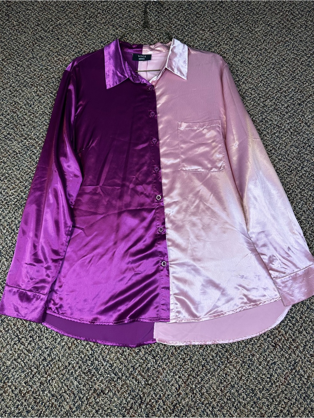 Vici Two-Tone Satin Blouse in Purple and Light Pink
